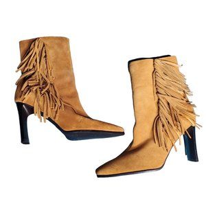 Vintage Y2K Predictions Tan Genuine Suede Fringe Trim Western Block Heel Boots 9
